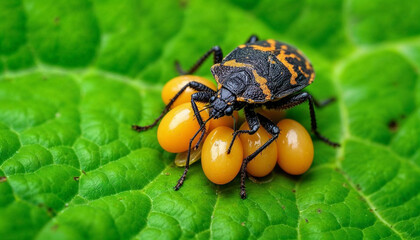 insect, bug, closeup, macro, nature, green leaves, yellow spots, detailed, high resolution
