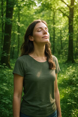 Naklejka premium Woman breathes deeply in sun-lit green forest, practicing mindful forest-bathing and inner calm, generative AI