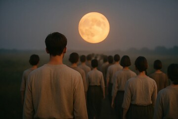 A tranquil twilight procession of people in beige shirts walks toward a luminous full moon over an open field