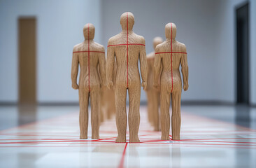 A row of stylized human figures, connected by lines, arranged in a modern gallery space