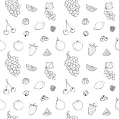 Fruits and berries seamless pattern, hand drawn, vector illustration