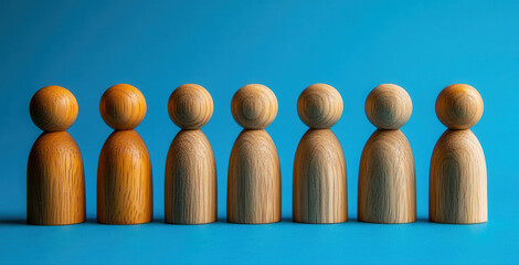 A single, different wooden figure stands out from a row of similar figures