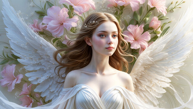 angel or archangel Gabriel and Jophiel with pink flowers, angelic concept 