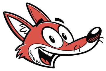 Joyful fox head displays wide grin with cartoon style eyes and pointy ears