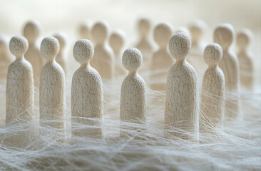 A group of simple white figurines, seemingly lost in a sea of threads