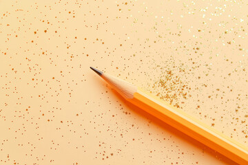 A single orange pencil lies diagonally on a pale orange surface scattered with golden glitter