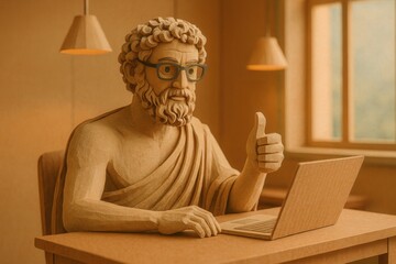 A marble statue of a curly-haired, bearded philosopher in black glasses and toga sits at a modern wooden desk with a laptop