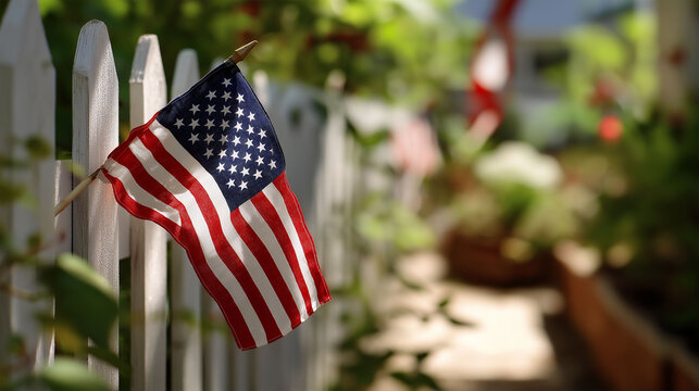 Patriotic Display: A close-up shot of the American flag, proudly displayed and waving from a white picket fence, symbolizing national pride and freedom against a backdrop of a sunlit house and garden. - Powered by Adobe