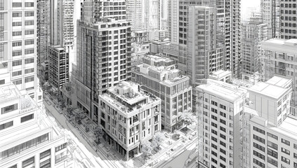 A 3D illustration featuring line art depictions of urban architecture