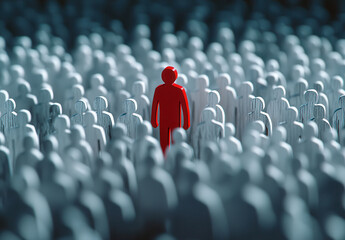 A single red figure amidst a crowd of white figures