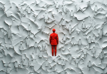A single red figure amidst many white figures on a textured surface