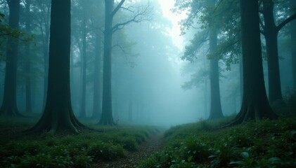 Fototapeta premium Dense fog blankets a primeval forest, creating an otherworldly scene , foggy, shadows, spooky