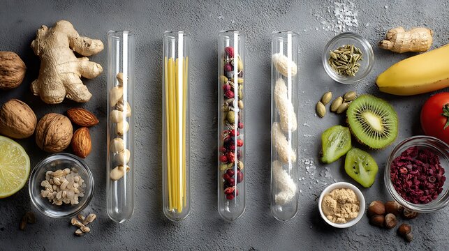 laboratory test tubes alongside various foods symbolizing food sensitivity testing, emphasizing the diagnostic process for identifying food allergies and intolerances .