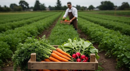 Farmer harvesting fresh organic carrots and radishes from the field in a wooden crate