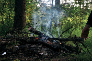 Thick smoke rises from a campfire in the forest
