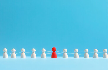 A single red figure amongst many white figures connected by threads
