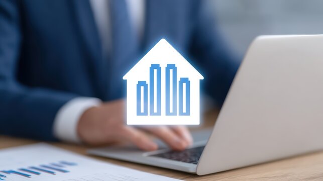 Business Professional Working on Laptop with Real Estate Concept Overlay in Modern Office Environment - Powered by Adobe