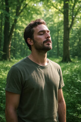 Young man with eyes closed meditating in forest during soft morning light. generative AI