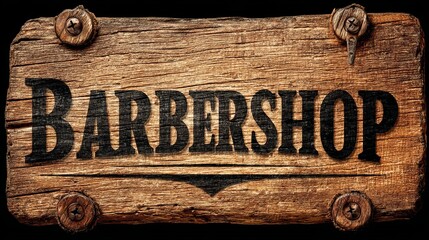 Rustic wooden sign with the word Barbershop in bold black letters for barber shop advertising