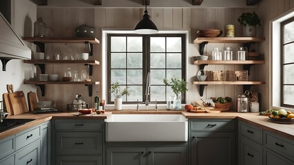 Stylish farmhouse kitchen with rustic accents and open shelving in a cozy ambiance