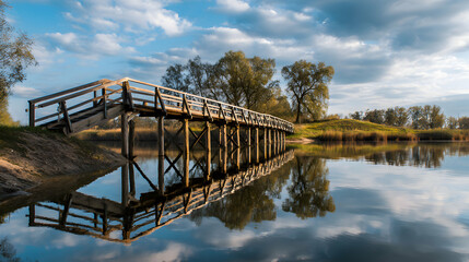 Fototapeta premium Picturesque wooden bridge reflects gracefully in the serene water under a cloudy sky scene