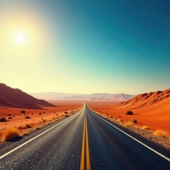 Fototapeta premium Endless desert highway, sun-baked earth, distant horizon, horizon, path, straight