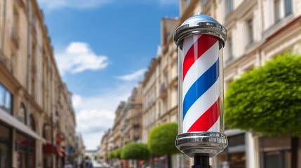 Traditional barber pole with red, white, and blue stripes on a city street