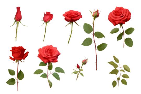 Red Rose Collection: Botanical Illustrations, Floral Elements, Perfect for Design Projects transparent background png