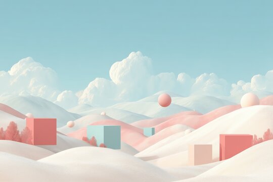 Abstract pastel landscape with geometric shapes on soft hills under blue sky, surreal minimal 3D illustration