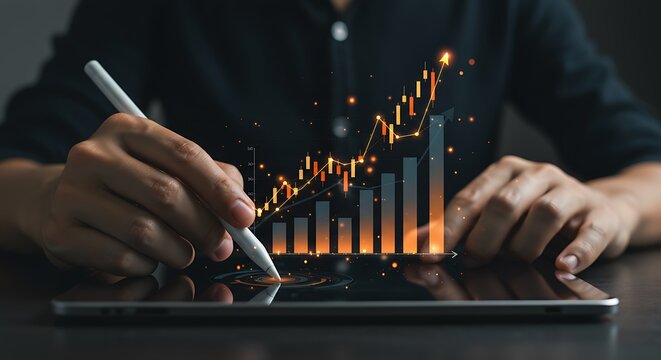 Businessperson interacting with financial data analysis chart representing growth on digital tablet