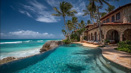 Fototapeta premium Luxurious beachfront mansion, infinity pool, tropical paradise, palm trees, crystal clear water, blue sky with wispy clouds, architectural elegance, oceanfront property, high-end .