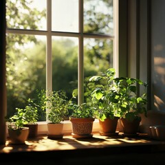 Fototapeta premium Bright Indoor Window with Potted Herbs and Plants Under Soft Light