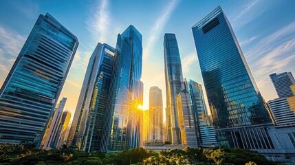 Modern skyscrapers rise against a vibrant sunrise.