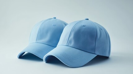 Fototapeta premium Front view of light blue baseball caps mockup on white background, with space for your logo or design. Mock-up for branding