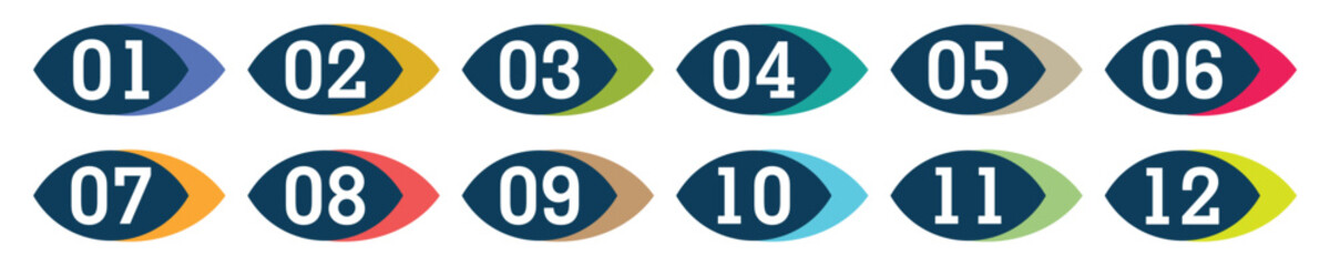 Colorful Numbered Arrow Badges from 1 to 12 Vector Set