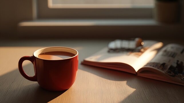 Sunlit red mug of tea rests on a light wood table beside an open book and glasses, bathed in warm afternoon light from a nearby window
