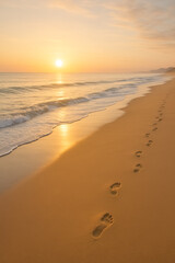 Footprints in sand leading along calm beach at sunrise, peaceful and reflective moment. generative AI