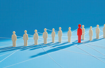 A single red figure connected to a group of white figures
