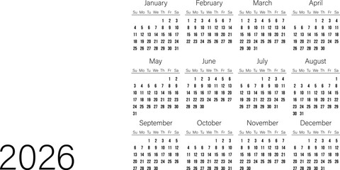 Minimalist 2026 yearly calendar template with simple black and white design