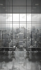 Urban panorama visible through glass windows of a modern office reflecting on the shiny floor creating a striking symmetrical view