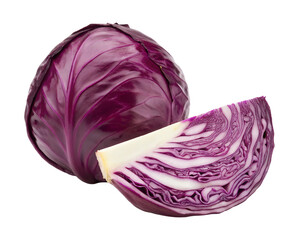 Red cabbage head and slice isolated on transparent background
