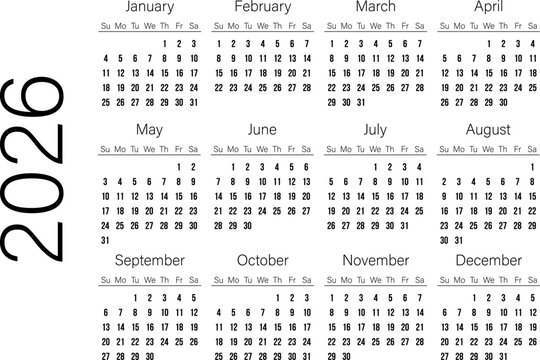 Minimalist black and white 2026 yearly calendar with clean design