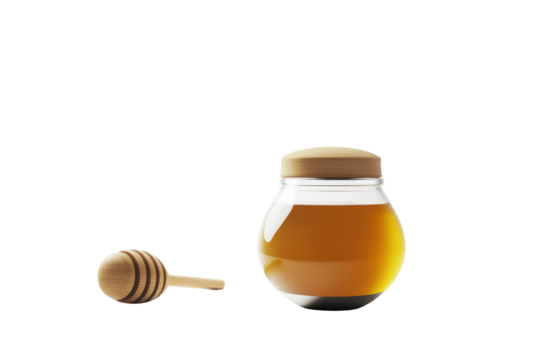 Golden Sweetness Rustic Honey Jar and Dipper Delightful Charm cut elements on transparent background. cut flower elements, garden themed designs. Top view high quality PNG." 