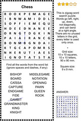 Chess game themed zigzag word search puzzle (suitable both for kids and adults). Answer included.

