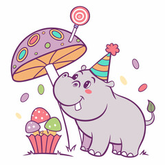 Cute SVG of a Cheerful Hippo in Candy Shop colors, featuring under a mushroom in a Birthday setting