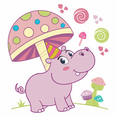 Cute SVG of a Cheerful Hippo in Candy Shop colors, featuring under a mushroom in a Birthday setting
