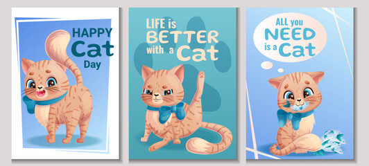 Fototapeta premium A set of postcards for the International Cat Day on August 8th. Cute angry cat washes, caught a fish. A charming animal with a bow around its neck. Isolated vector illustration for posters, banners