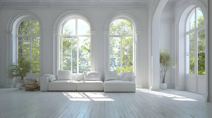 Fototapeta premium Bright and airy living space bathed in natural light showcasing minimalist white decor and elegant windows