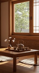 Serene Korean Tea Ceremony in a Sunlit Room