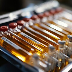 Fototapeta premium Close-Up View of Scientific Test Tubes Filled with Liquid Samples
